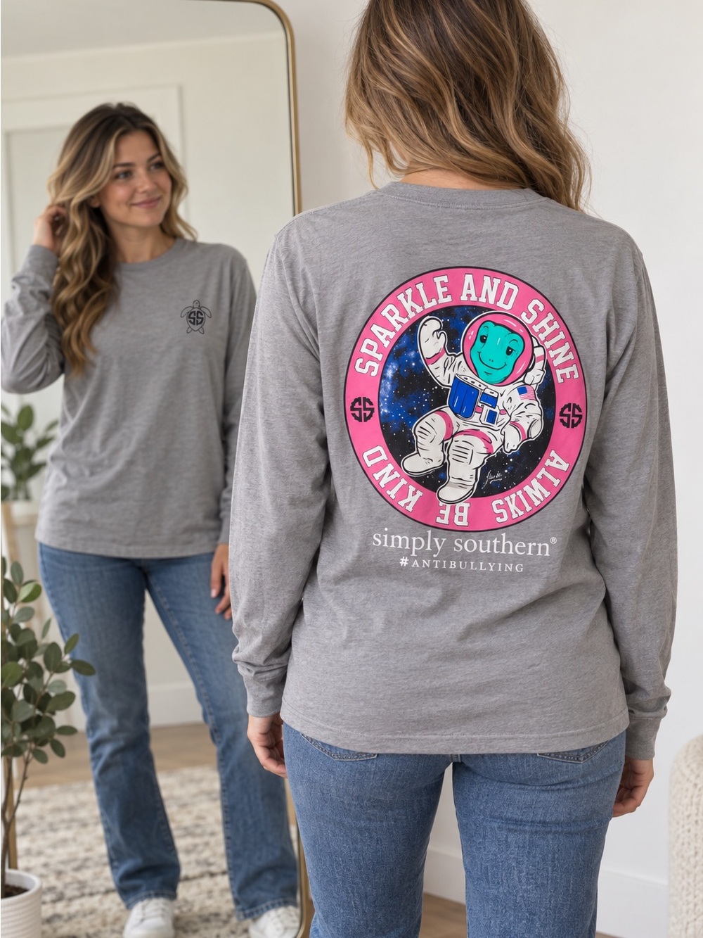 Simply Southern Gray Long Sleeve Tee with Pink Astronaut Graphic
